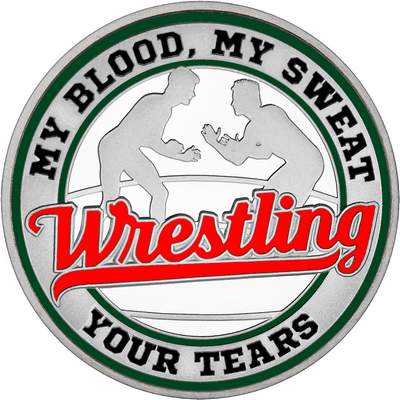 Red "Wrestling" with Dark Green Outer Circular Borders